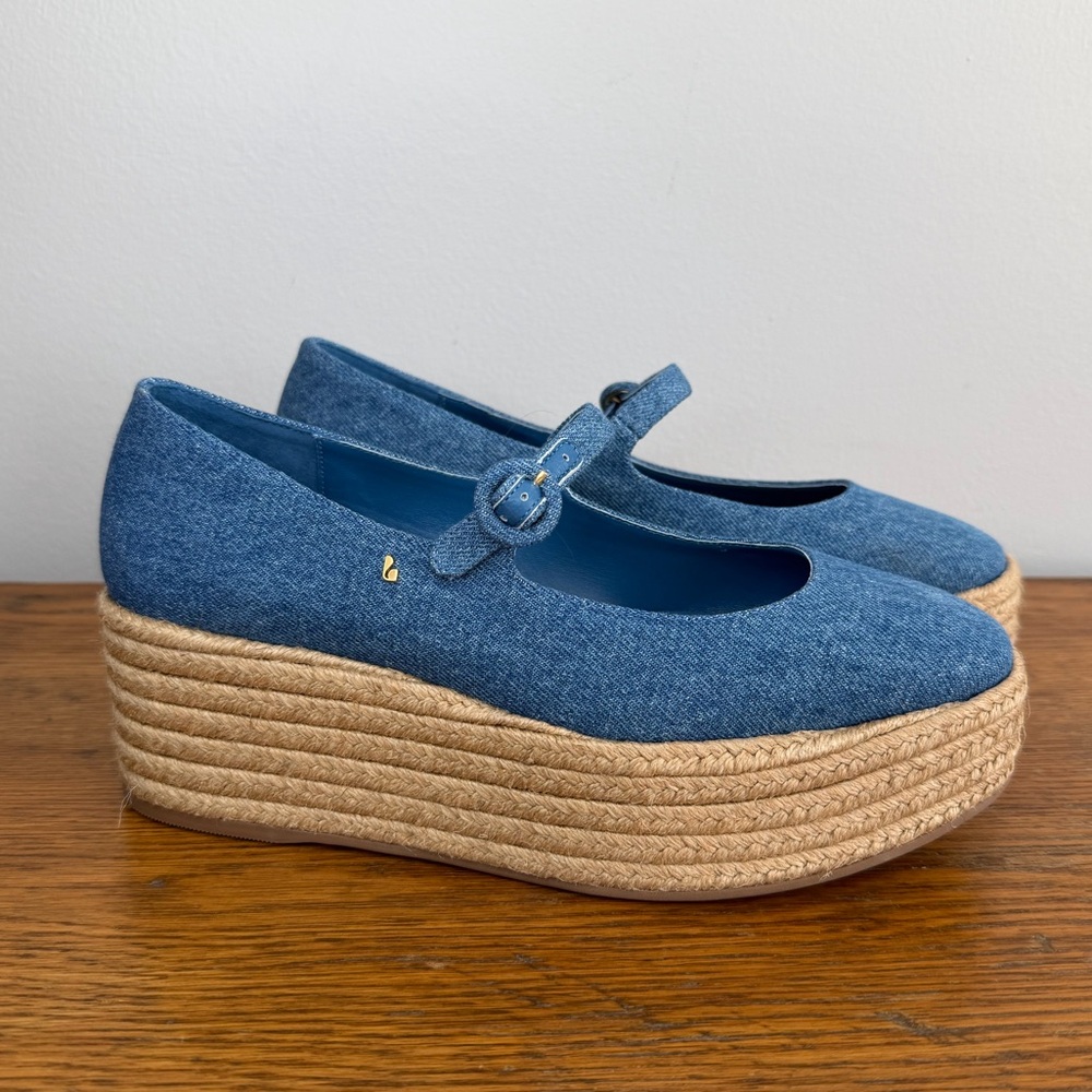 Larroude Blue Denim Mary Jane Platform Espadrilles - Picture 2 of 8